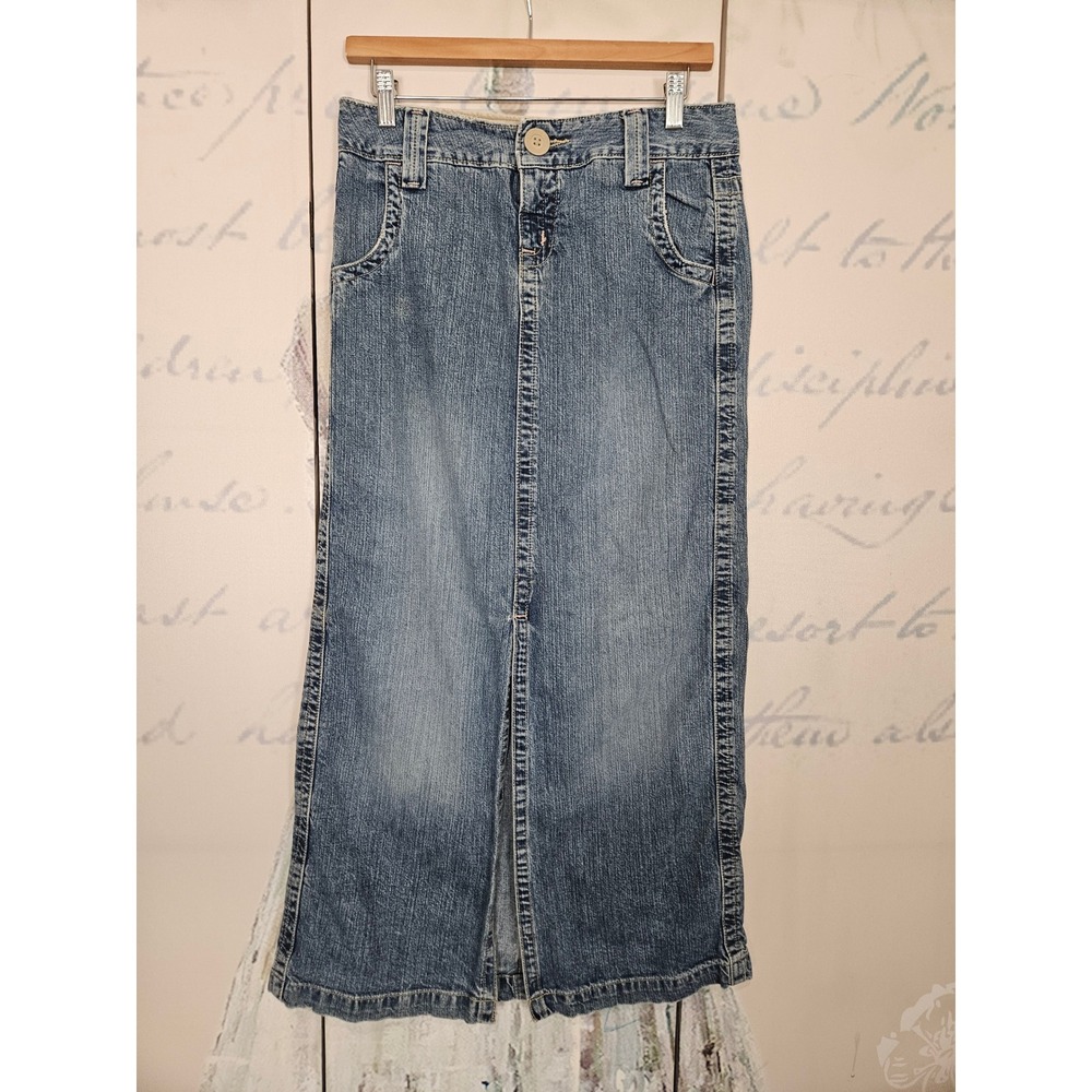 Hydraulic Vintage Y2K Denim Maxi Skirt Medium Wash Front Slit Size 5/6 8105